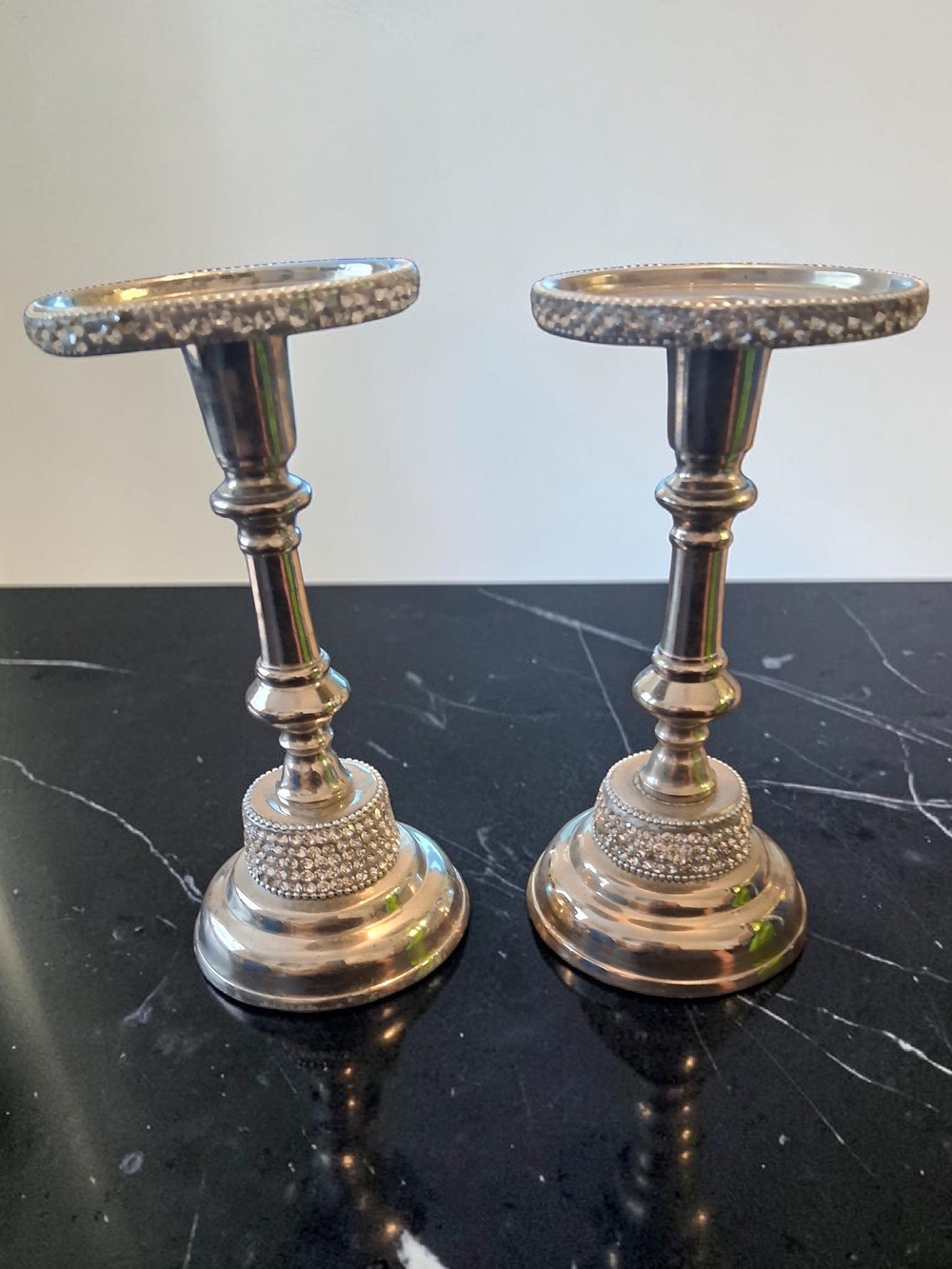 silver-toned metal candelabra Pair  with crystals Holds Both Tapered And Pillar